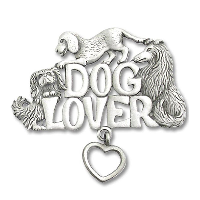 Pewter 'Dog Lover' Brooch with Dangle Heart - 1549PP - Click Image to Close